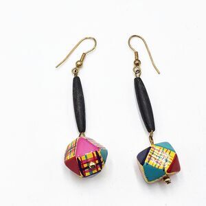 Vintage 80s Geometric Colorful Hand Painted Wood Button Dangle Clip On Earrings
